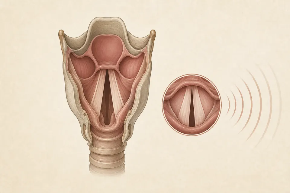 Ilustração da laringe e das pregas vocais associadas à produção da voz