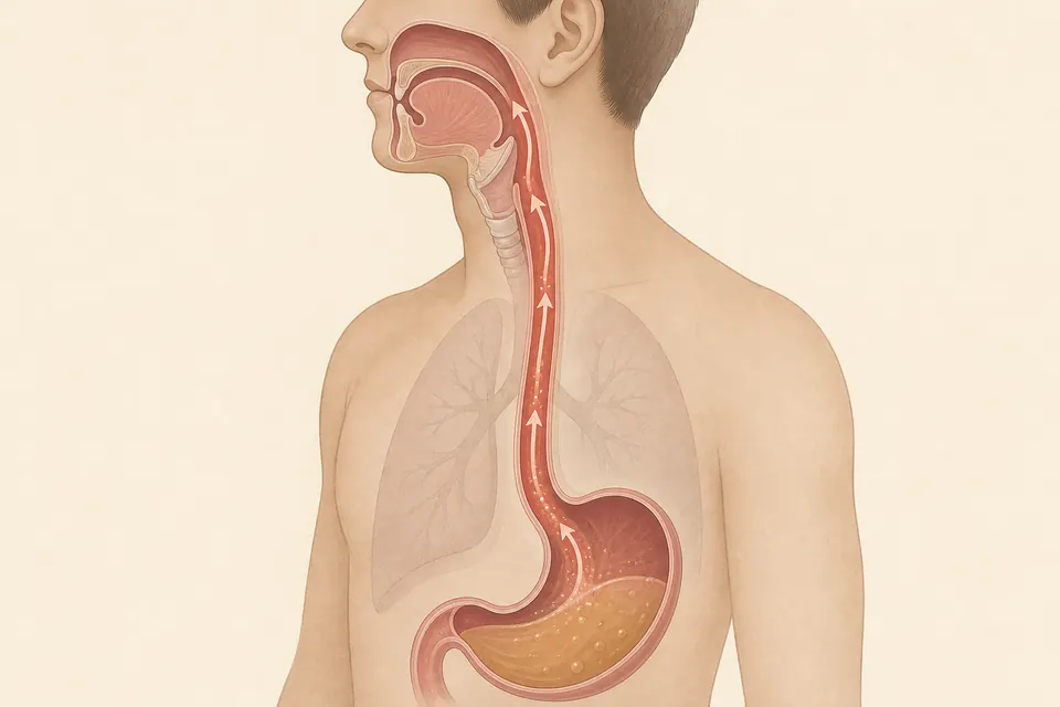 Ilustração anatômica do estômago e do esôfago até a garganta, com setas indicando o trajeto ascendente do refluxo