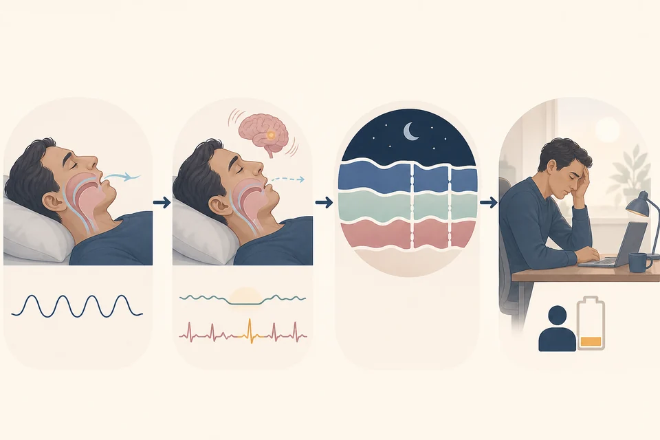 Sequência ilustrada relacionando interrupção respiratória, microdespertar, sono fragmentado e cansaço durante o dia