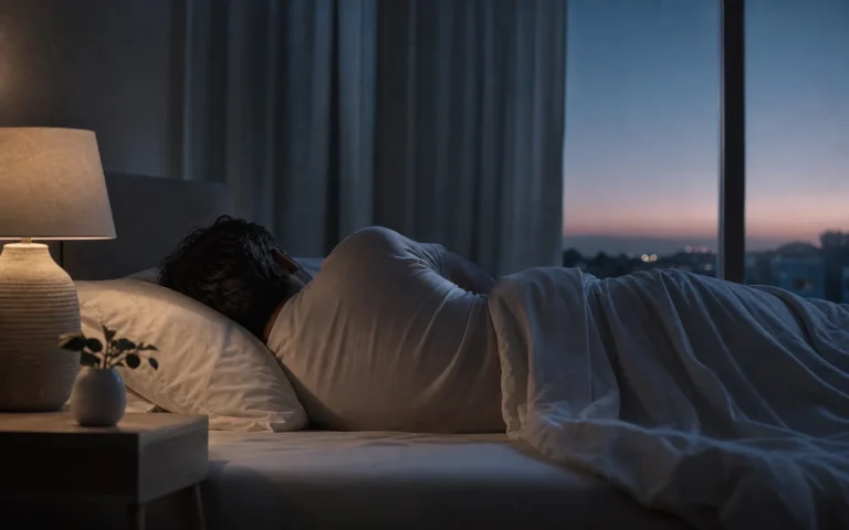 Pessoa dormindo de lado em um quarto tranquilo durante a transição da noite para o amanhecer