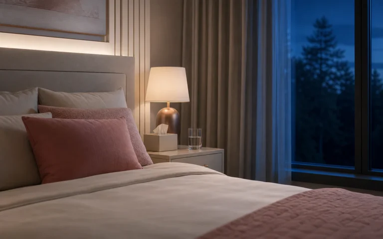 Quarto organizado à noite com caixa de lenços e copo de água ao lado da cama