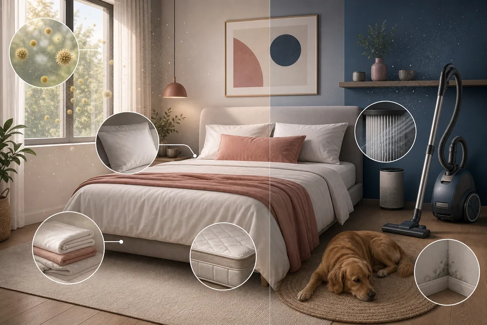 Ilustração de um quarto com roupa de cama, janela, aspirador, animal e umidade como possíveis pontos de atenção