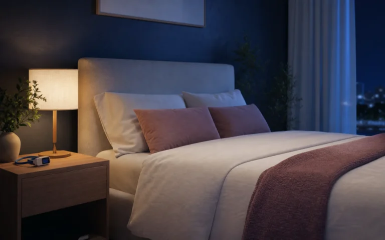 Quarto organizado à noite com oxímetro discreto sobre a mesa de cabeceira