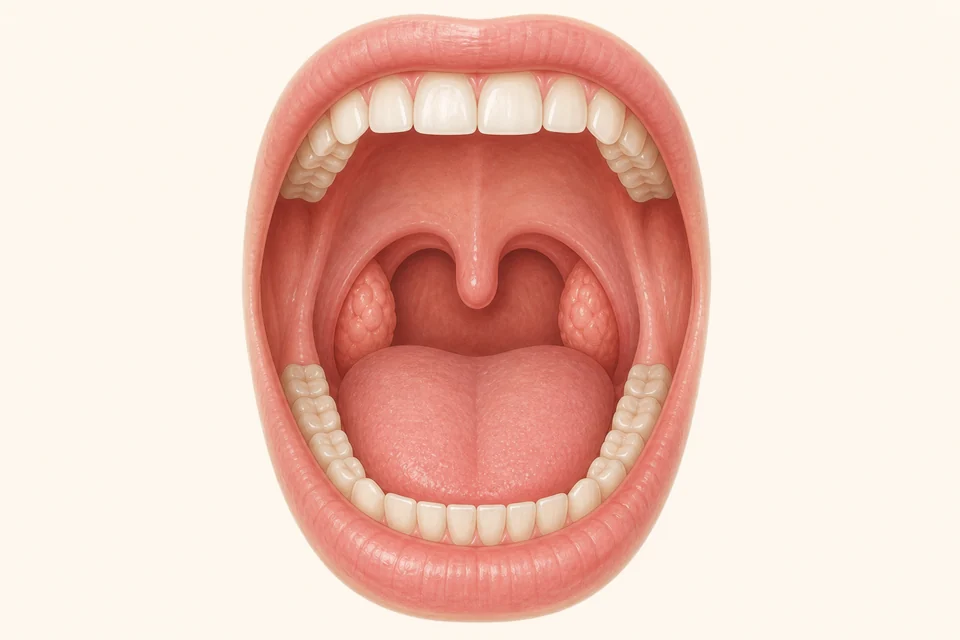 Ilustração médica da boca e da orofaringe mostrando a posição das amígdalas
