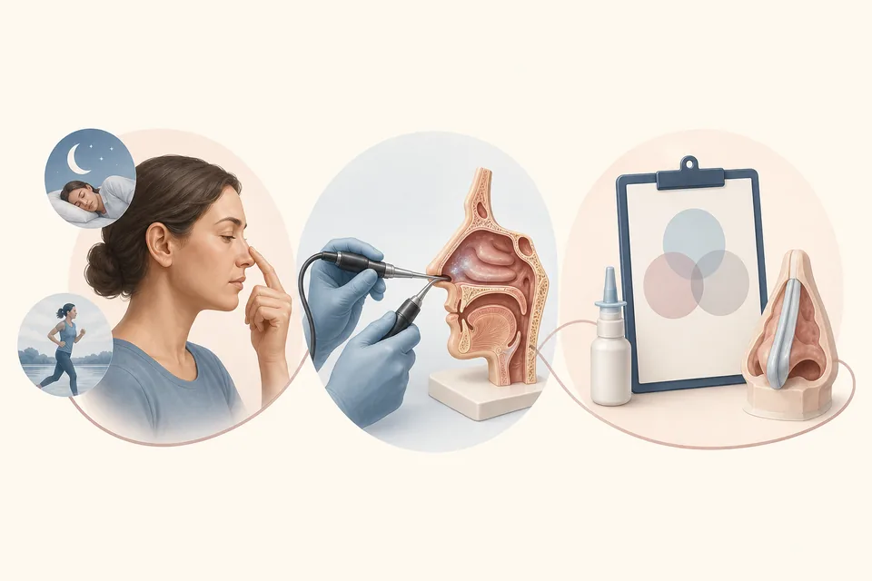 Sequência ilustrada com sintomas, exame nasal e decisão de tratamento individualizada
