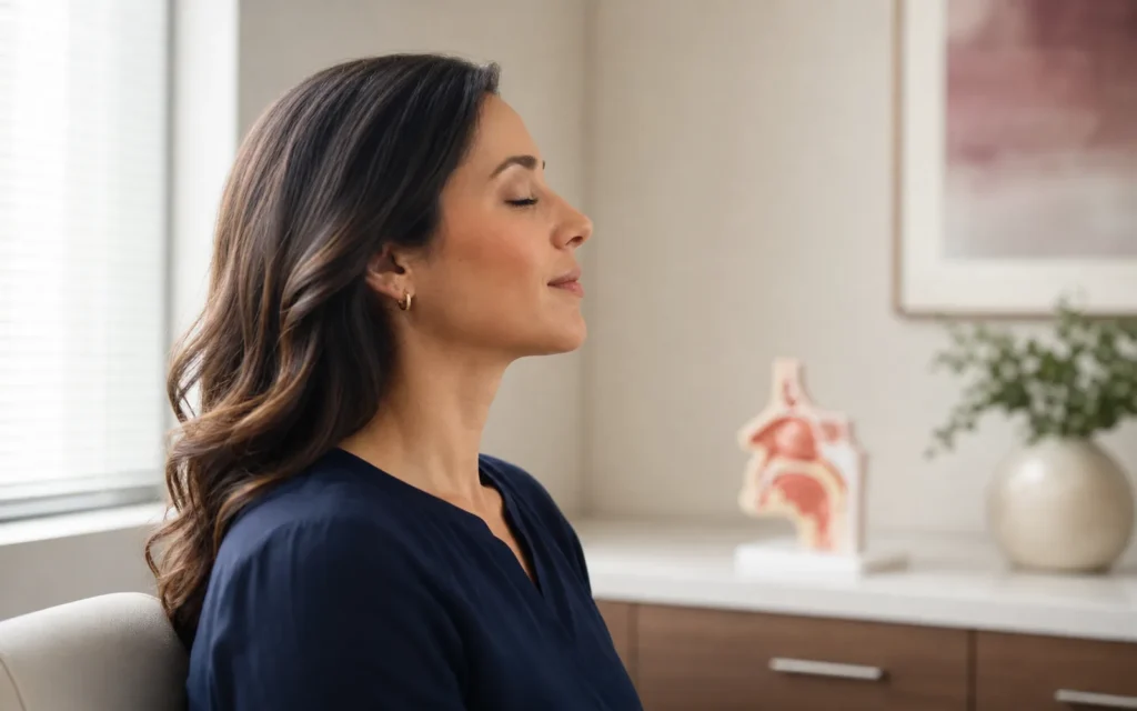 Pessoa adulta respirando calmamente pelo nariz em um consultório com modelo anatômico nasal ao fundo