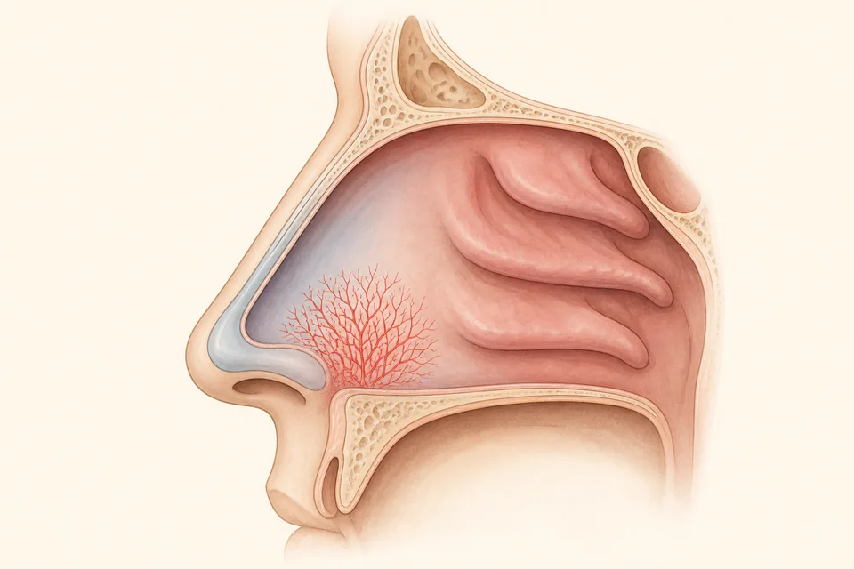 Ilustração anatômica lateral do nariz destacando a rede superficial de pequenos vasos na parte anterior do septo