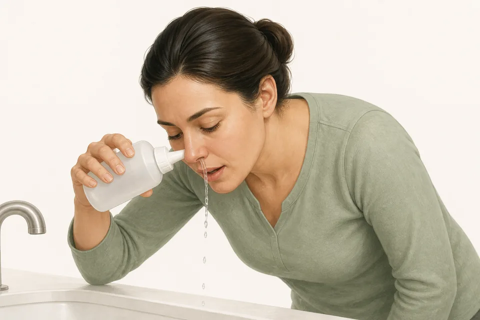 Ilustração médica de pessoa adulta inclinada para a frente realizando lavagem nasal com pressão suave