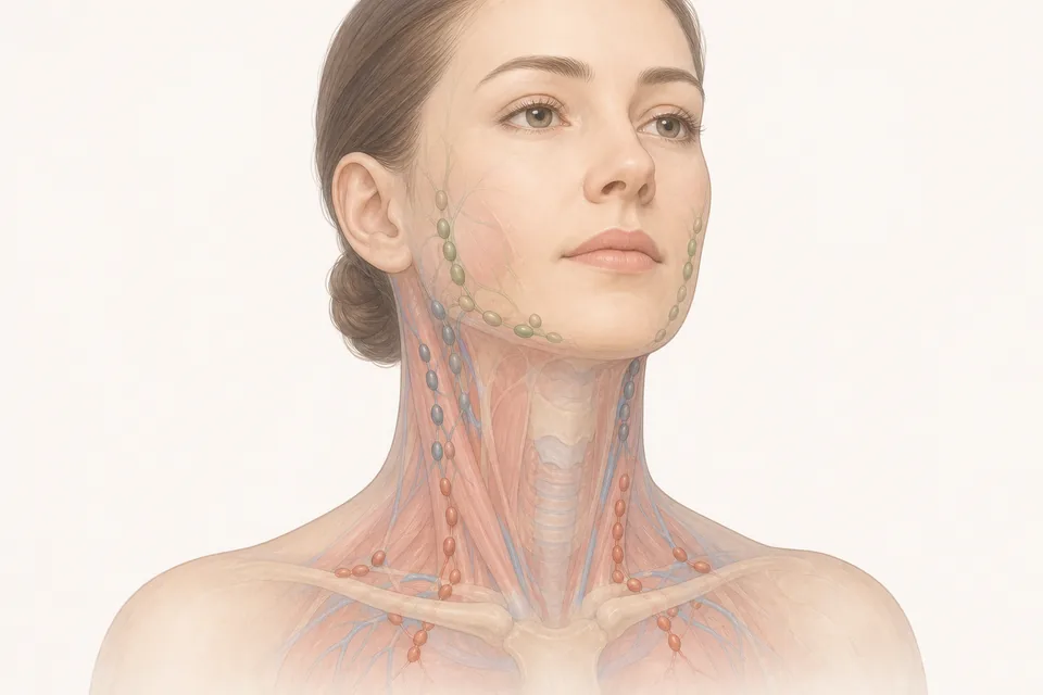 Ilustração médica mostrando a distribuição geral dos linfonodos cervicais