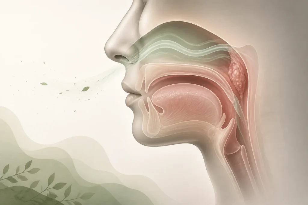 Ilustração médica discreta em perfil mostrando nariz, boca, língua e garganta