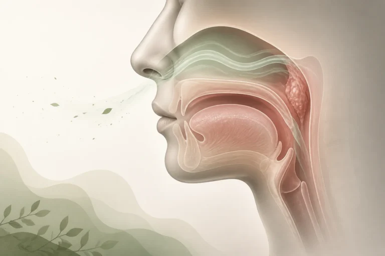 Ilustração médica discreta em perfil mostrando nariz, boca, língua e garganta