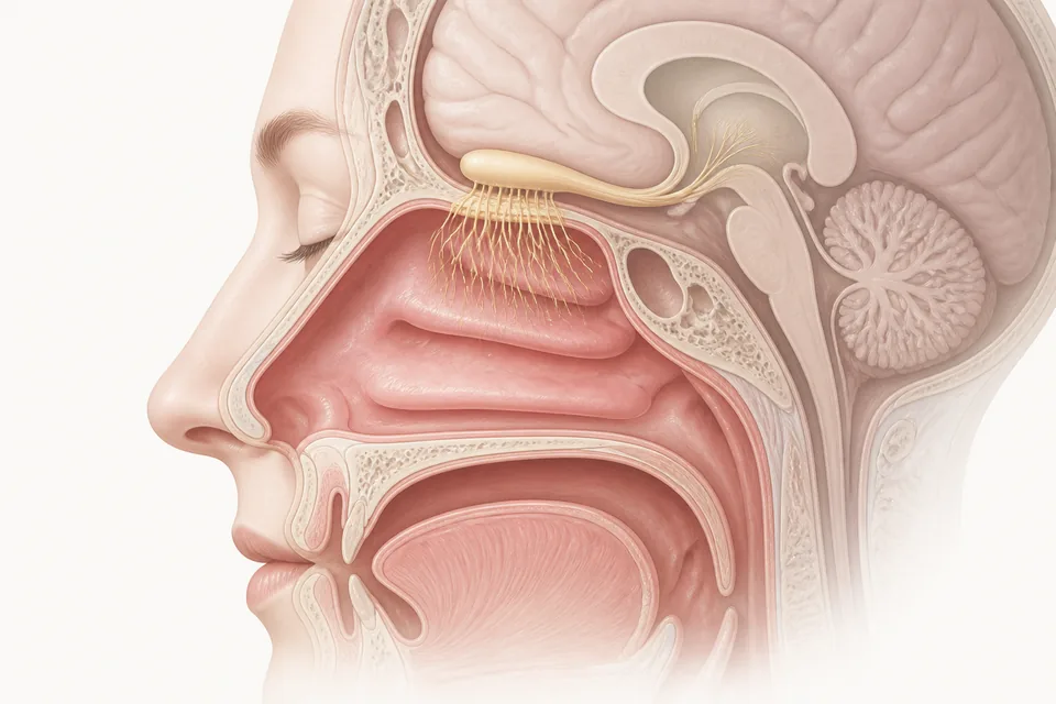 Ilustração médica discreta mostrando a região superior da cavidade nasal relacionada ao olfato