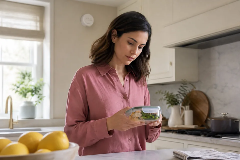 Pessoa conferindo visualmente um alimento em cozinha clara com detector de fumaça visível