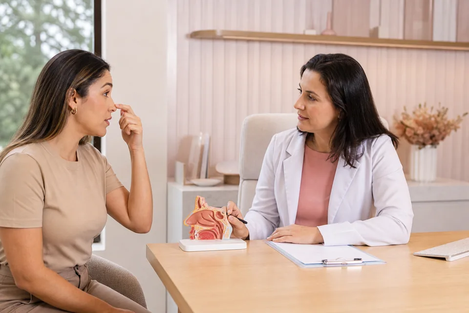 Pessoa conversa com otorrinolaringologista durante avaliação de obstrução nasal em consultório claro