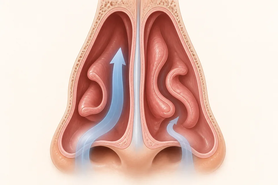Ilustração anatômica frontal do nariz mostrando diferença discreta de fluxo entre as narinas durante o ciclo nasal
