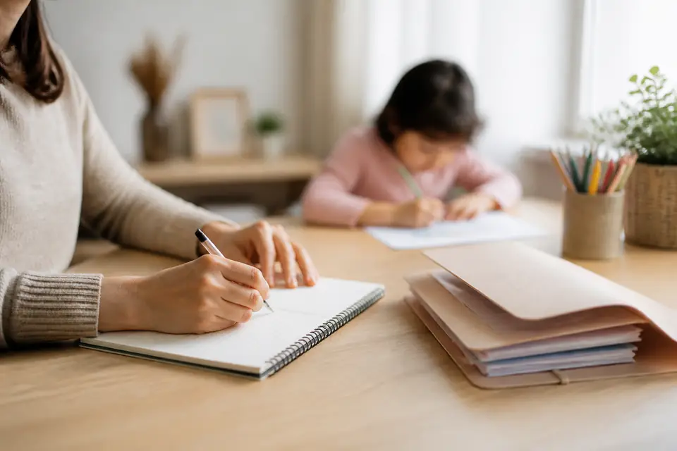 Responsável organiza anotações enquanto uma criança desenha ao fundo