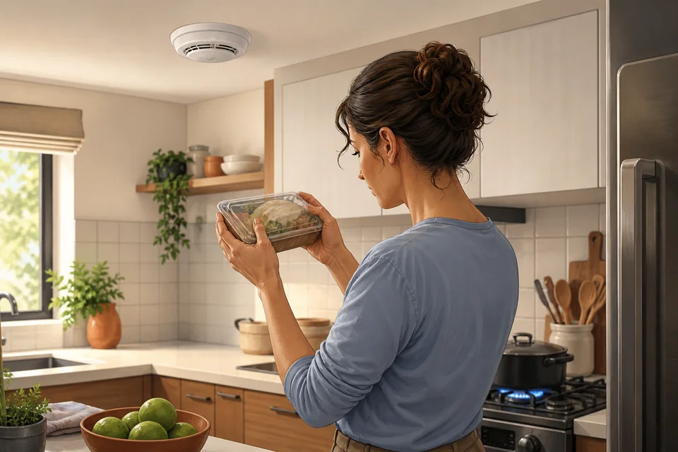 Pessoa conferindo visualmente um alimento em uma cozinha com detector de fumaça e fogão visíveis