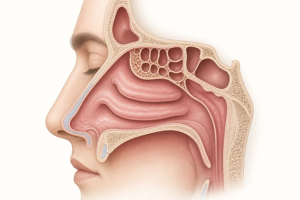 Ilustração médica da cavidade nasal e dos seios paranasais em corte lateral