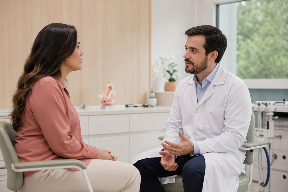 Pessoa conversa com otorrinolaringologista durante avaliação de sintomas nasais