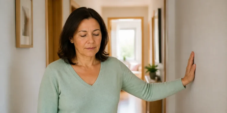 Pessoa adulta apoia suavemente a mão na parede de um corredor claro durante sensação de tontura