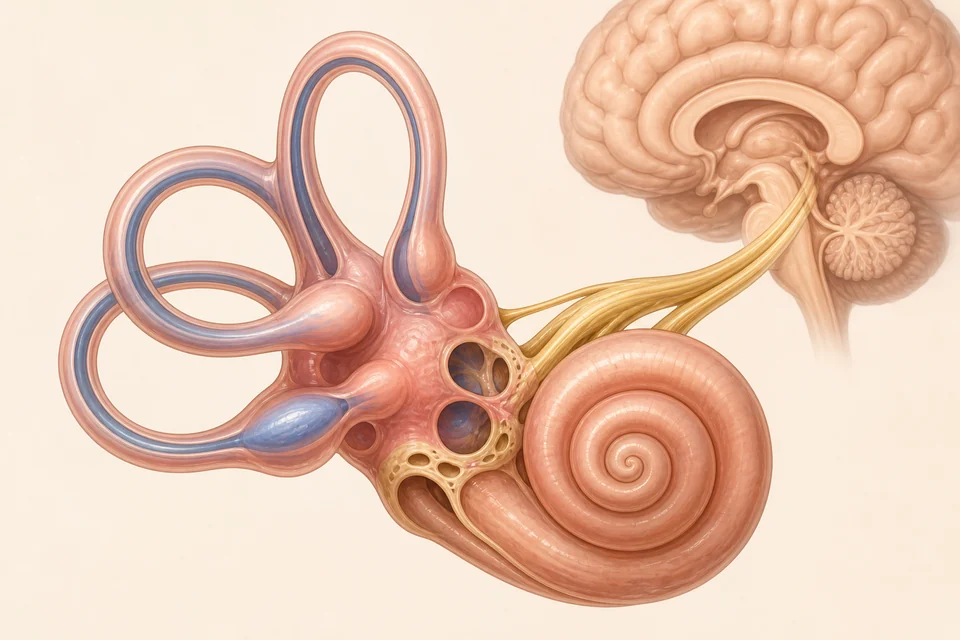 Ilustração educativa do ouvido interno, nervo vestibular, cérebro e cerebelo