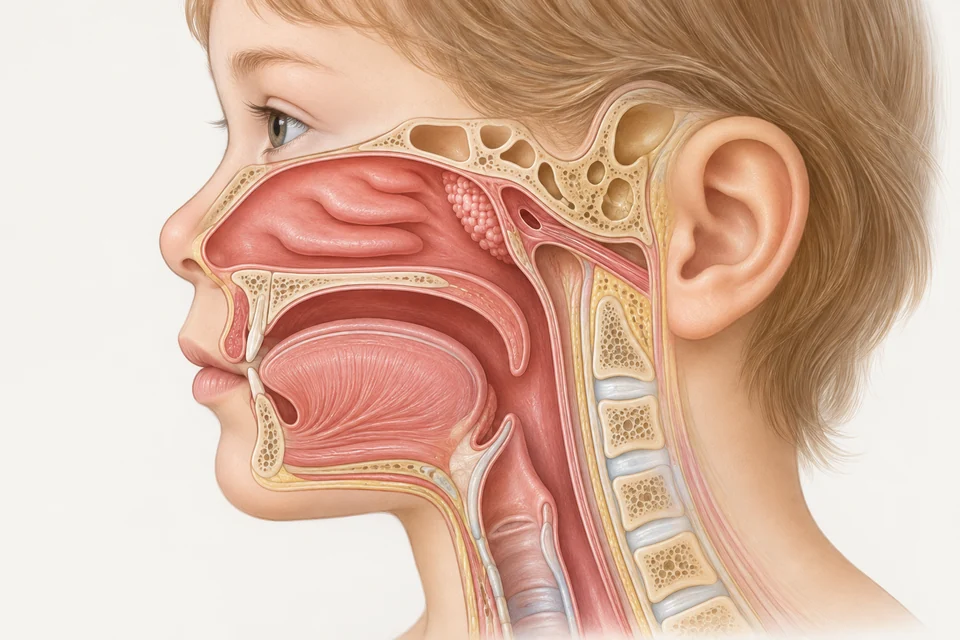 Ilustração em corte lateral da cabeça mostrando a adenoide atrás do nariz e próxima à abertura da tuba auditiva