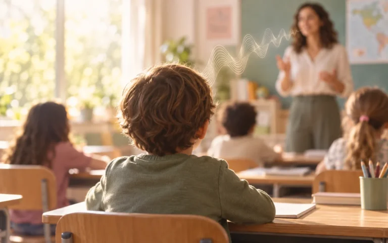 Ilustração editorial de criança em sala de aula ouvindo a professora em ambiente com ruído de fundo sugerido