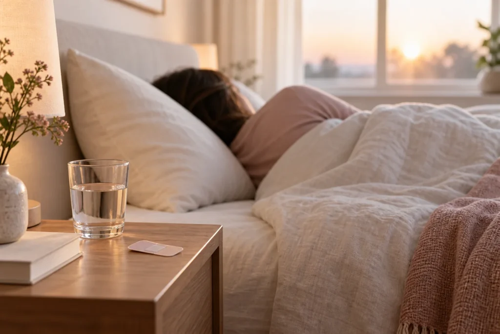 Quarto claro ao amanhecer, com pessoa dormindo de lado ao fundo e fita adesiva não usada sobre mesa de cabeceira