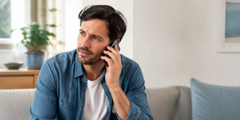 Pessoa adulta percebe diferença de audição ao usar o telefone em um ambiente doméstico claro