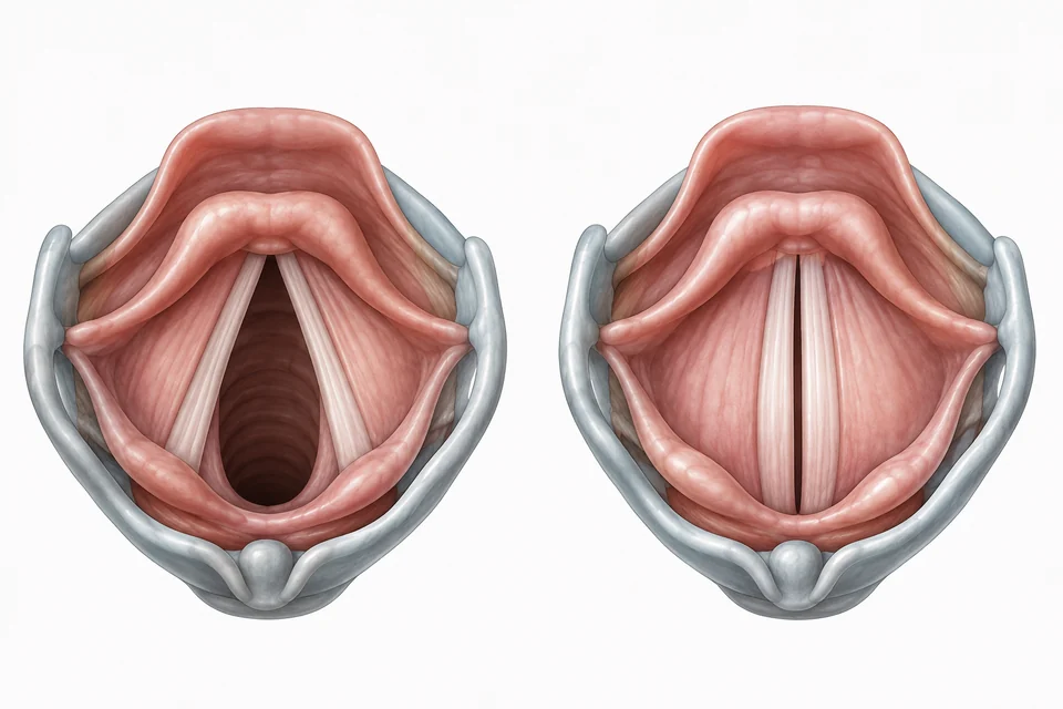 Ilustração didática da laringe com as pregas vocais vistas em posição aberta e fechada