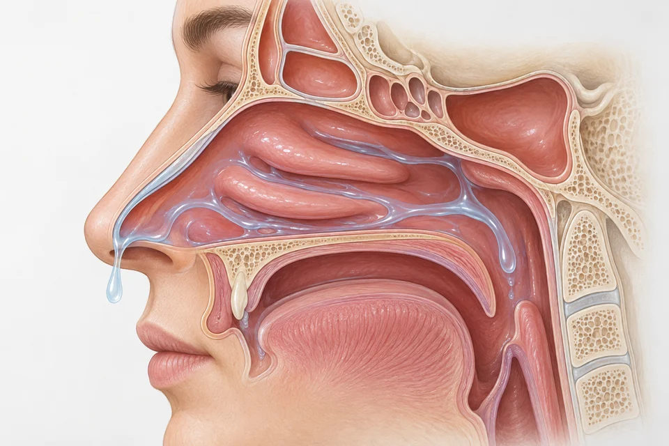 Ilustração em corte lateral mostrando a cavidade nasal e o trajeto da secreção